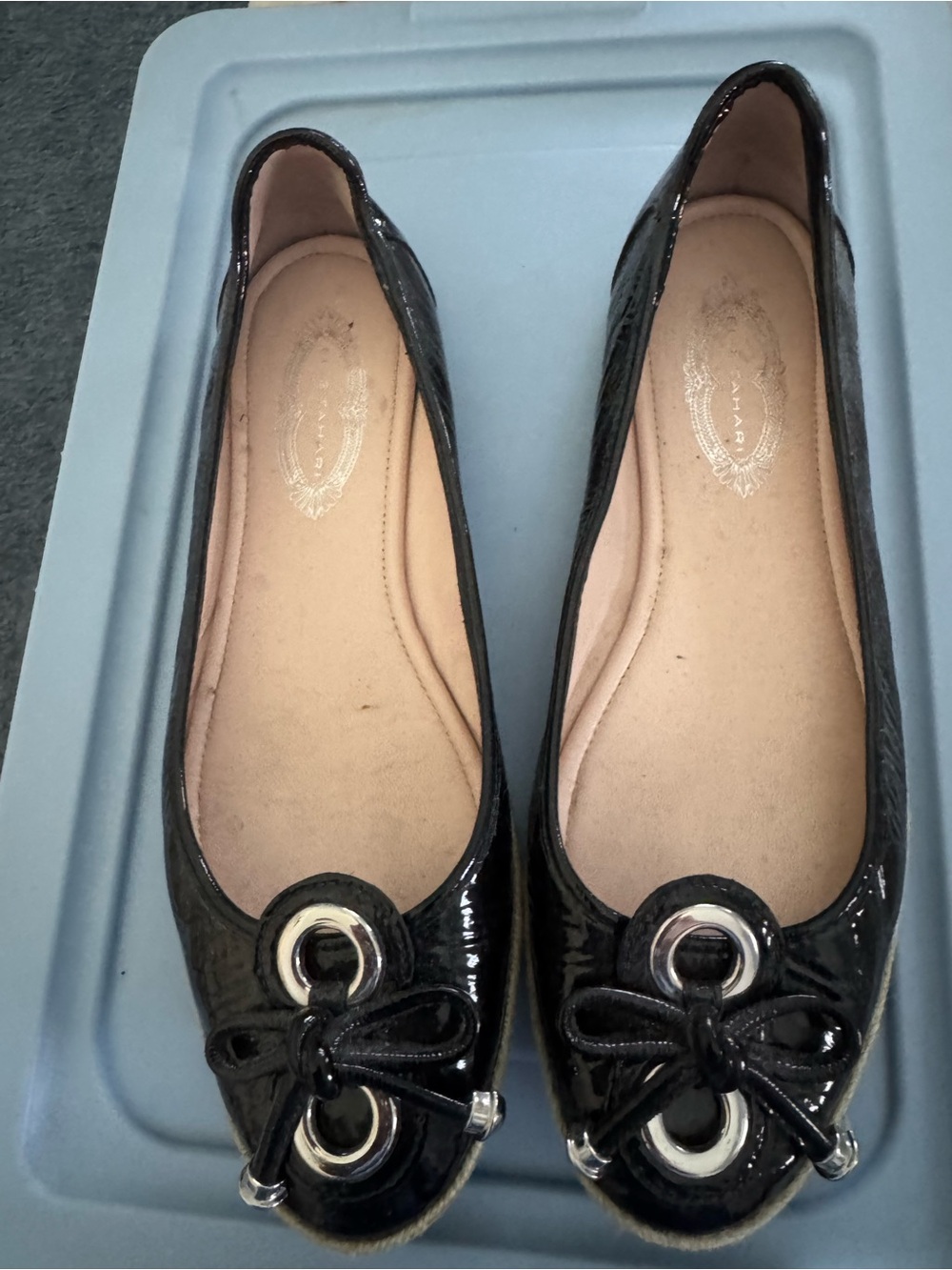 Elie Tahari Black Patent Bow Ballet Flats with Silver Eyelets